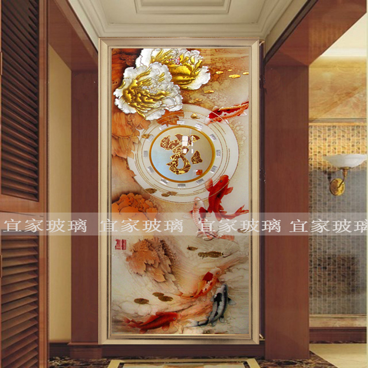 Shanghai art glass porch background wall deep carving contemporary style partition porch rich and surplus fish home TV