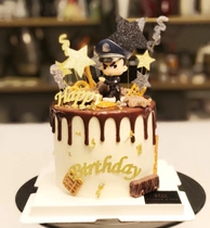 Net red police Shu Millet Birthday Cake Decoration Pendulum cool Shiny Black Gold Stars Decoration Plug-in plug-in