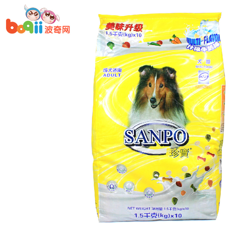 波奇网 宠物狗粮珍宝狗粮什锦牛肉成犬粮15kg活力牛奶球狗粮