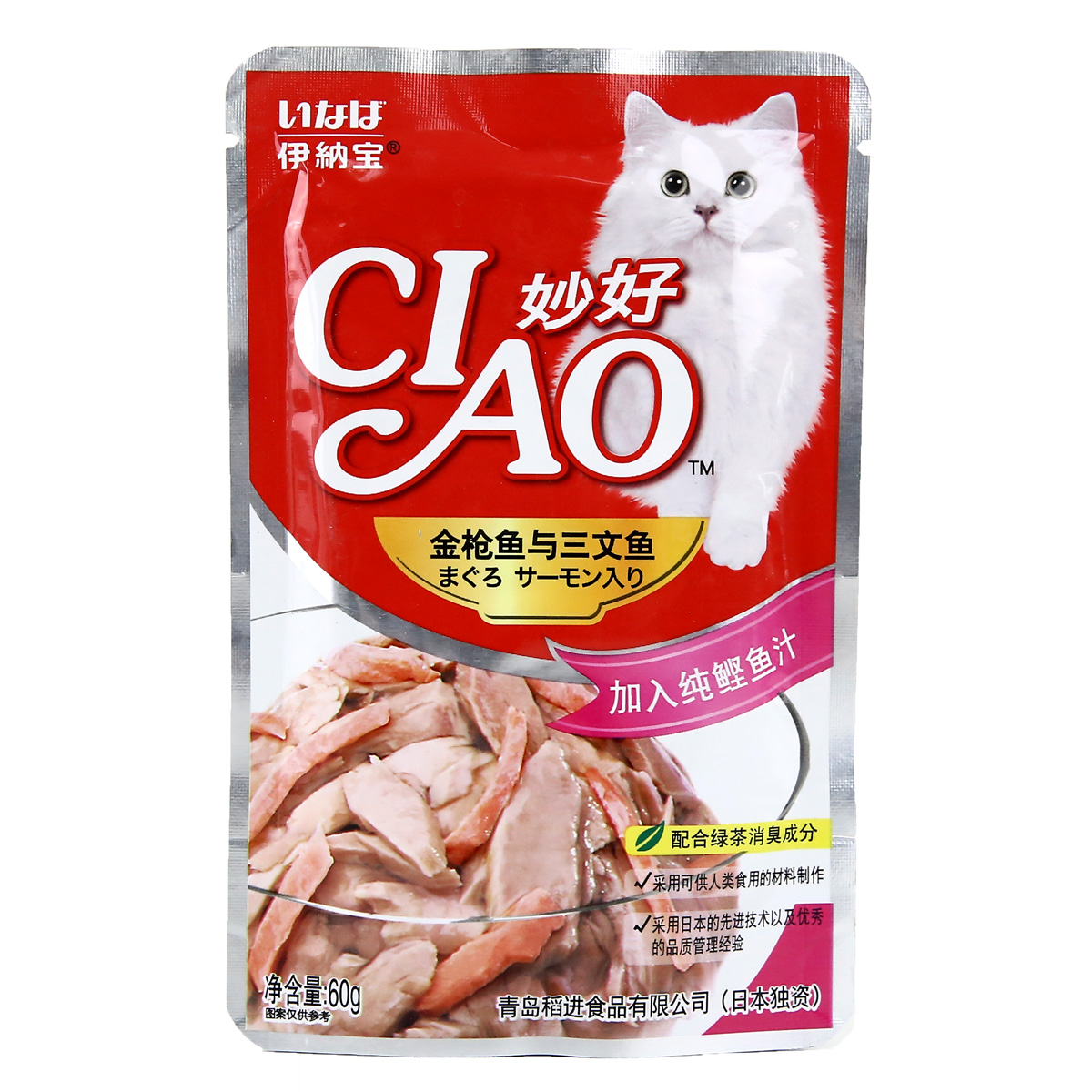 波奇网 宠物食品 猫零食 伊纳宝妙好鲜封包金枪鱼三文鱼猫湿粮60g