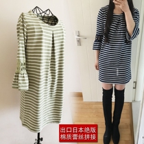 (Knitted Great Lace) Exit Japan 70% sleeves Knitted Striped Splicing one-piece dress Pregnant Woman T-Shirt Dress