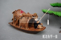  Length 16cm Ceramic ancient boat master Sun double fishing boat sinking boat fishing male boat home bookshelf tea tray decoration ornaments