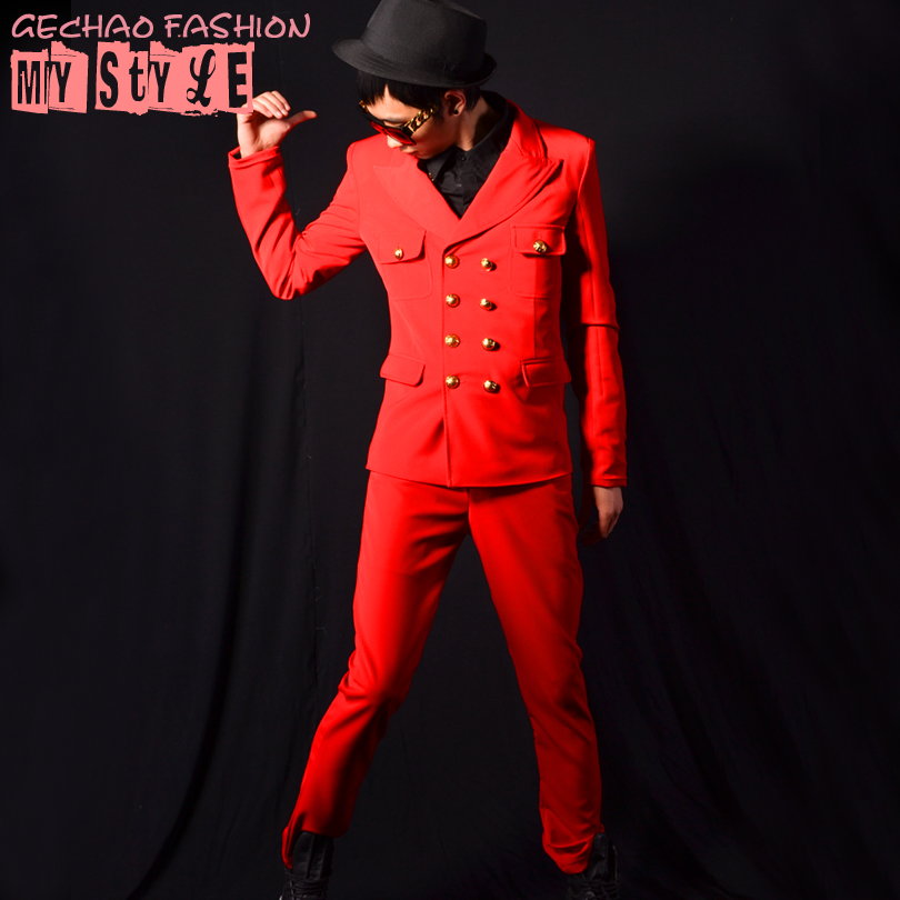 Exclusive ] Nightclub male singer DSDJ stage wind red double - row costume suit bar performance accessories