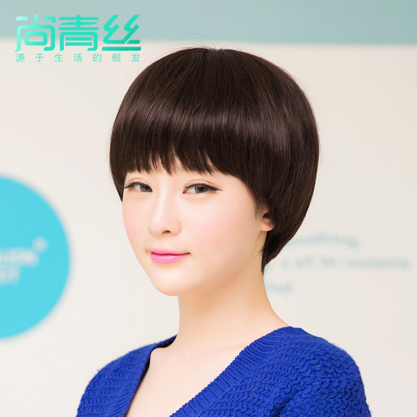 中老年真发假发蘑菇头 短发假发bobo头 齐刘海逼真手织顶心真发