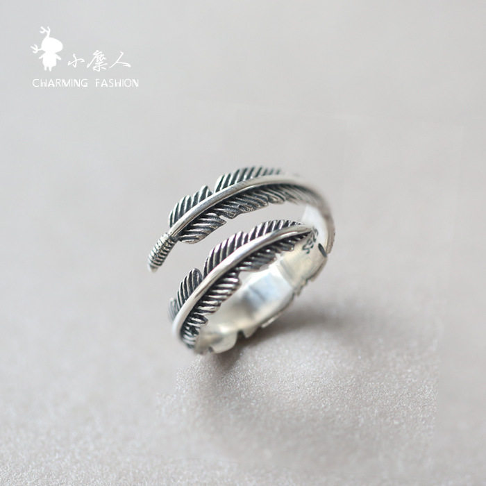 Original design feather S925 sterling silver retro Thai silver opening adjustable fashion Korean version ring literary ring female