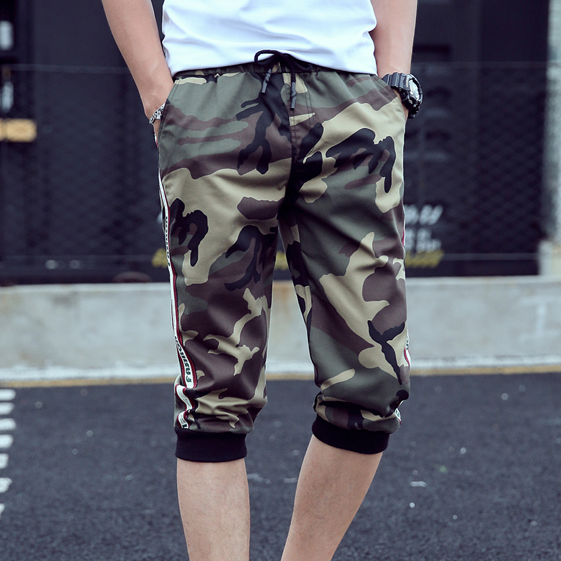 Elastic Cotton Camouflage Capri Pants for Men, Summer Mid-Length Sports Thin 7-Point Shorts, Trendy Printed Casual Pants