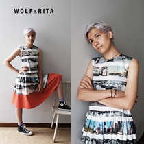 wolf and rita sleeveless round collar vest with dress and dress for women in organic cotton windy landscape painting