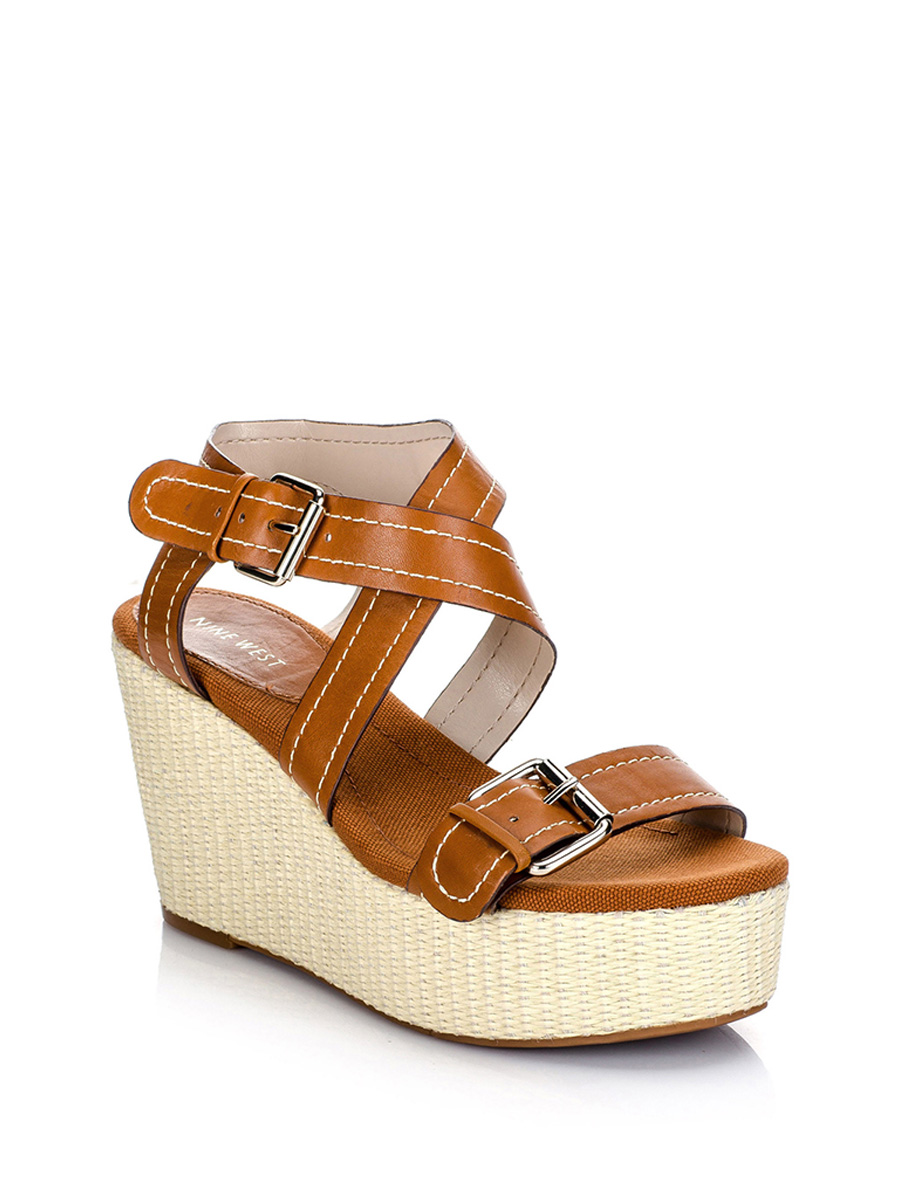 Nine West/玖熙 棕色一字针扣面编织坡跟鞋