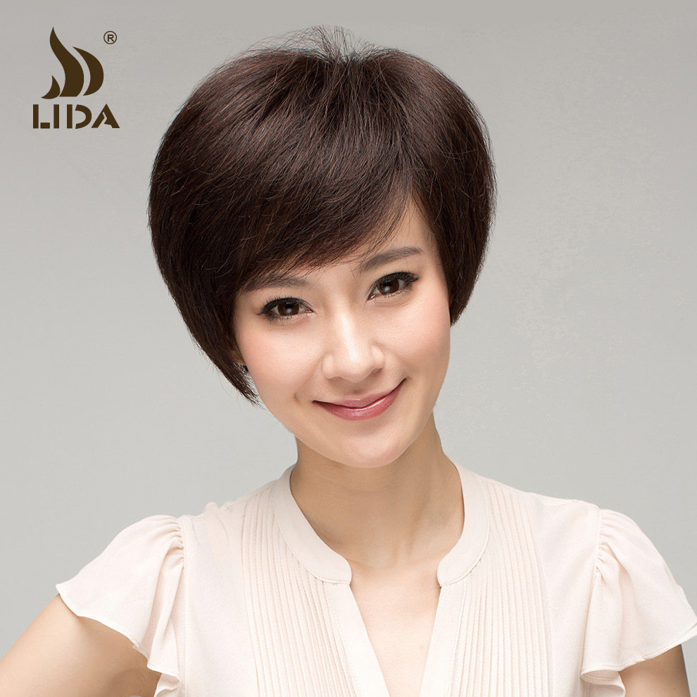 利达真发假发 女短发 妈妈假发 女短直发 中老年假发手织发套逼真