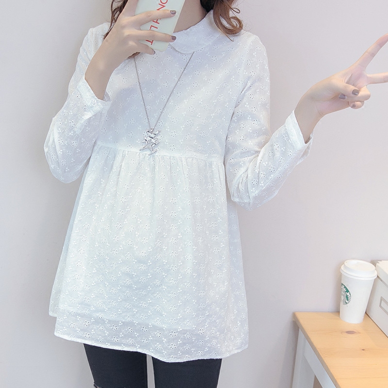 Maternity doll shirt spring and autumn new cotton shirt mid-length Korean version of loose fashion base top white shirt