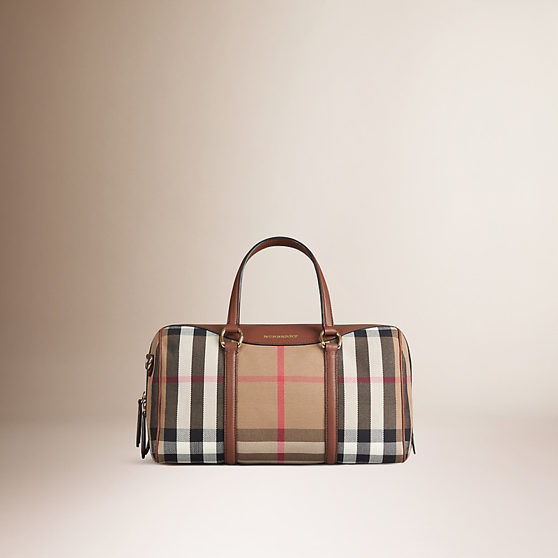 BURBERRY/博柏利中号House格纹拼皮革Alchester保龄球包 39808461