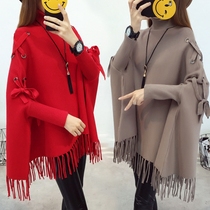 Turtleneck sweater womens autumn and winter long cloak knit bat sleeve tassel shawl large size padded loose jacket