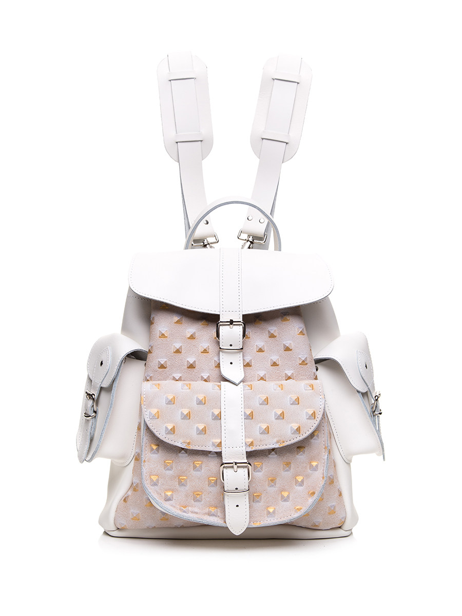 Grafea 白色拼金色铆钉压纹针扣搭带双肩包