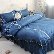 Yêu Địa Trung Hải theo phong cách Hàn Quốc bộ đồ giường màu xanh bông dệt giường bông Bốn hoạt động vững chắc - Bộ đồ giường bốn mảnh