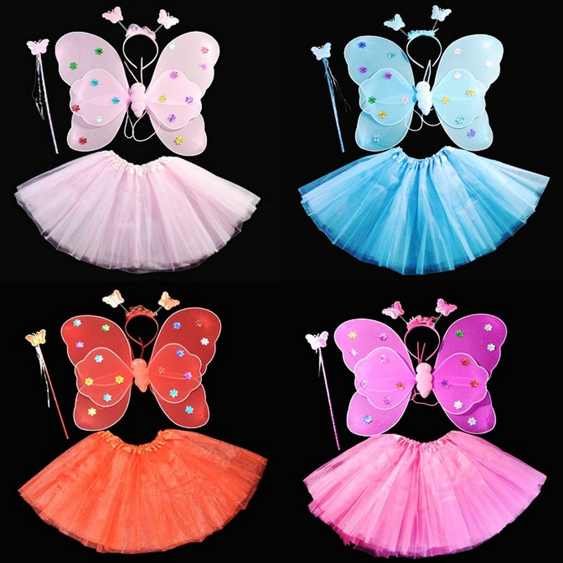 Children's Performance Costume Children's Festival Performance Double Colored Angel Butterfly Wings 4 pieces of mesh yarn dress suit