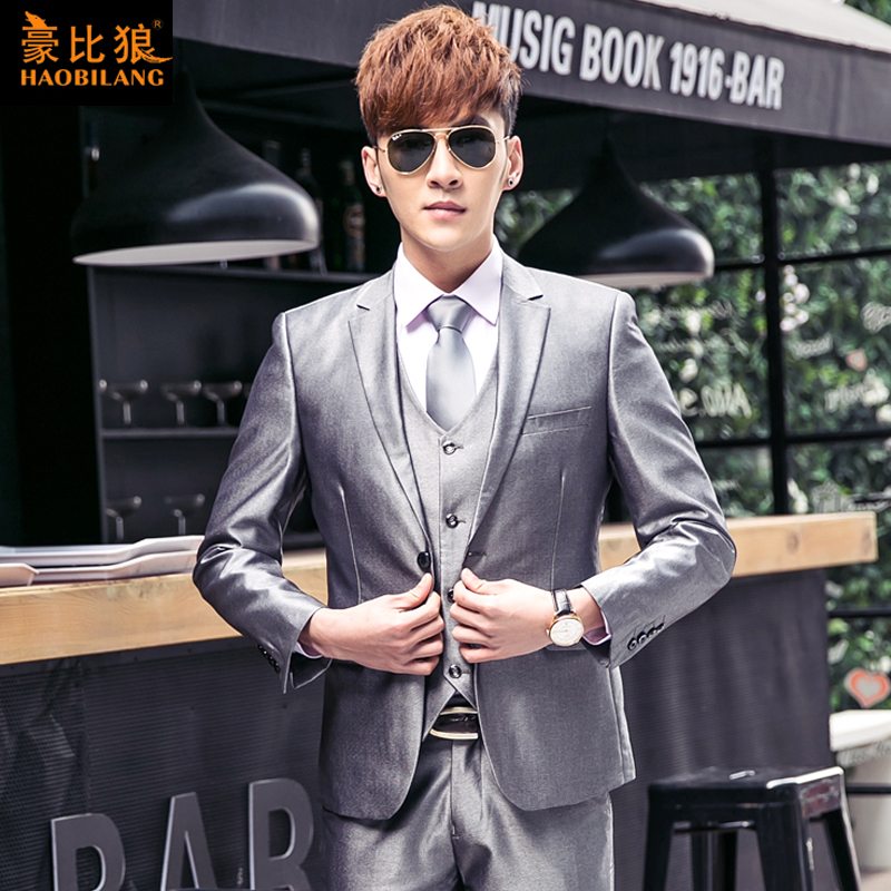 Autumn Men's Suit Shiny Silver Gray Suit Three-piece Slim Groom Wedding Dress Casual Suit