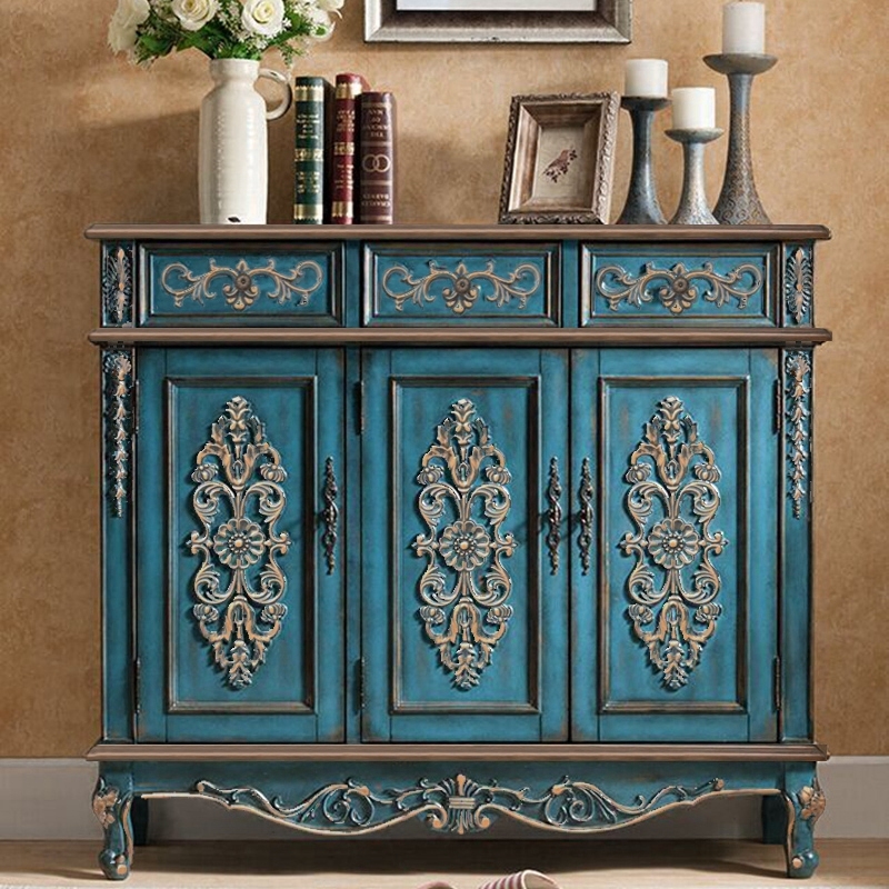 European-style blue shoe cabinet home entry door solid wood entry porch cabinet large-capacity locker blue