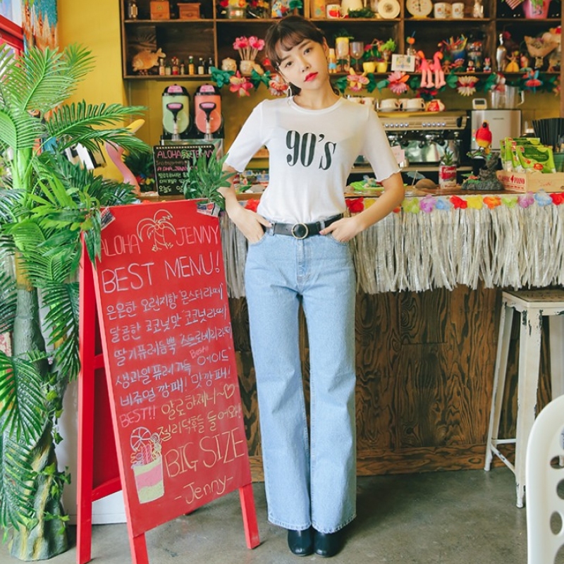 韩国stylenanda官方正品 复古水洗直筒牛仔裤-浅牛仔蓝色