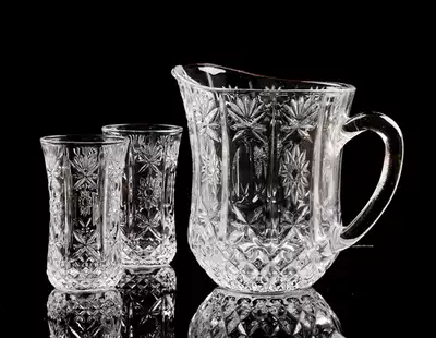 Foreign trade export transparent glass sunflower cold water pot 5-piece retro relief red wine juice cup 