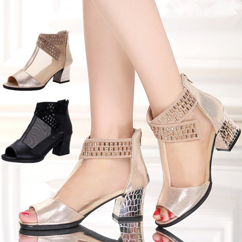 Dance Shoes Genuine Leather Women Dancing Shoes Latin Dance Shoes Women Summer Middle Heel Sandals Breathable Soft Bottom Squares Modern Dance Shoes