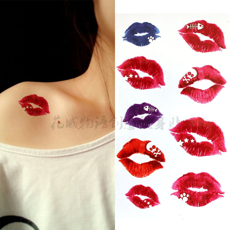 3 Pieces of Waterproof Tattoo Stickers for Women, Sexy Red Lips, Blue and Purple Lip Prints, Fresh Style for Collarbone, Shoulders, and Chest