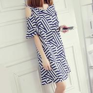 Amano Màu Xanh 2016 Mùa Hè Hàn Quốc New Vòng Cổ Mô Hình Hình Học Sọc Strapless Chuông Tay Áo Đầm