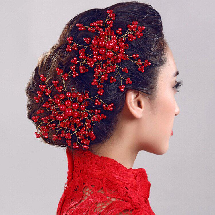 2017 New Lady Hair Accessories Red Pearl Comb Pure Handmade Head Flower Hair Accessories Chinese Wedding Dresses Bridesmaid Dish Hair Accessories