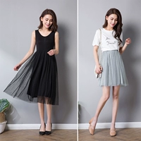 Loose size lớn eo cao đáy váy nữ bên trong màu rắn khâu váy lưới chất béo MM đầm dún eo