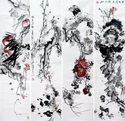 Celebrity calligraphy and painting Chinese painting hand-painted boutique ink flower and bird painting freehand flower and bird painting four screen painting heart unmounted