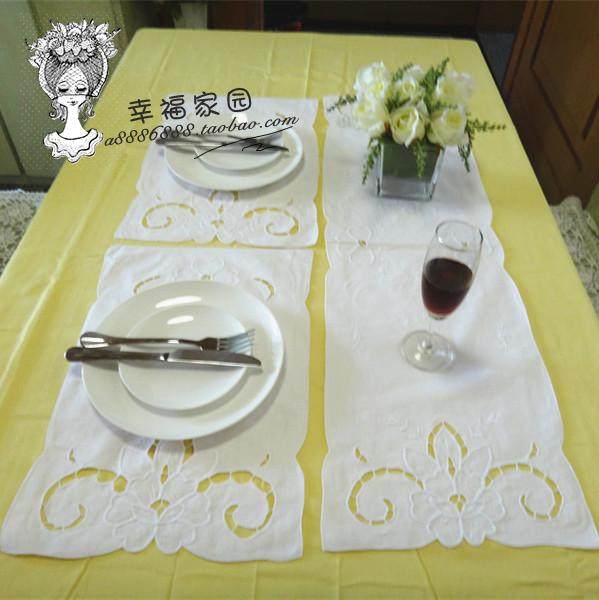 Foreign trade original pure cotton white natural color machinist hollow embroidery table flag * placemat three-piece set special clearance