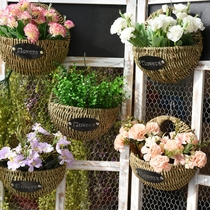 Pastoral wall-mounted grass woven flower basket hanging basket Flower pot wall home decoration flower arrangement dried flower woven basket