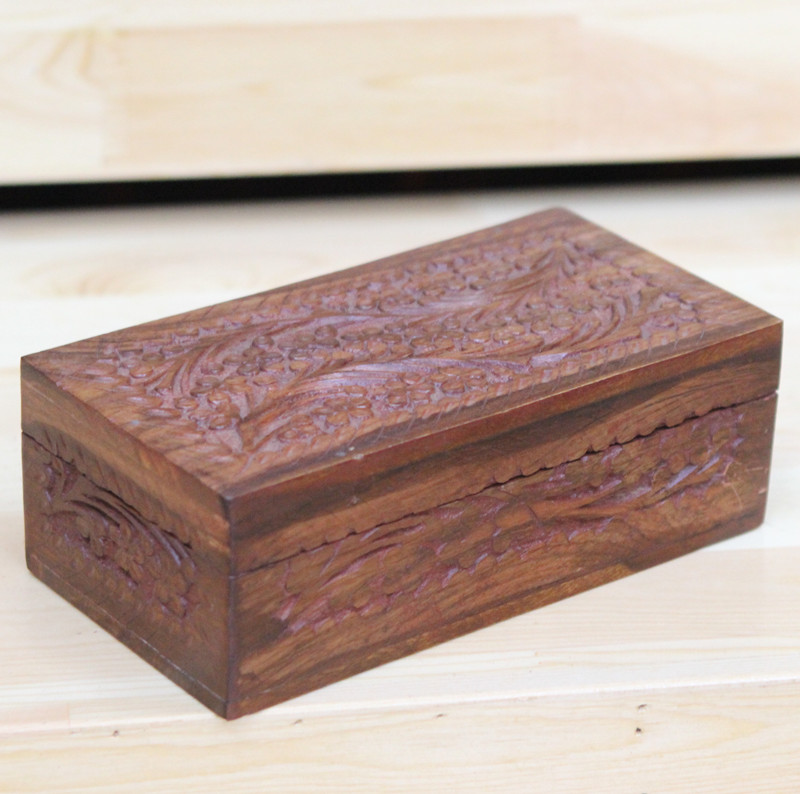 Pakistani wood carving walnut wood 8 inch vine flower carving jewelry box makeup box handmade