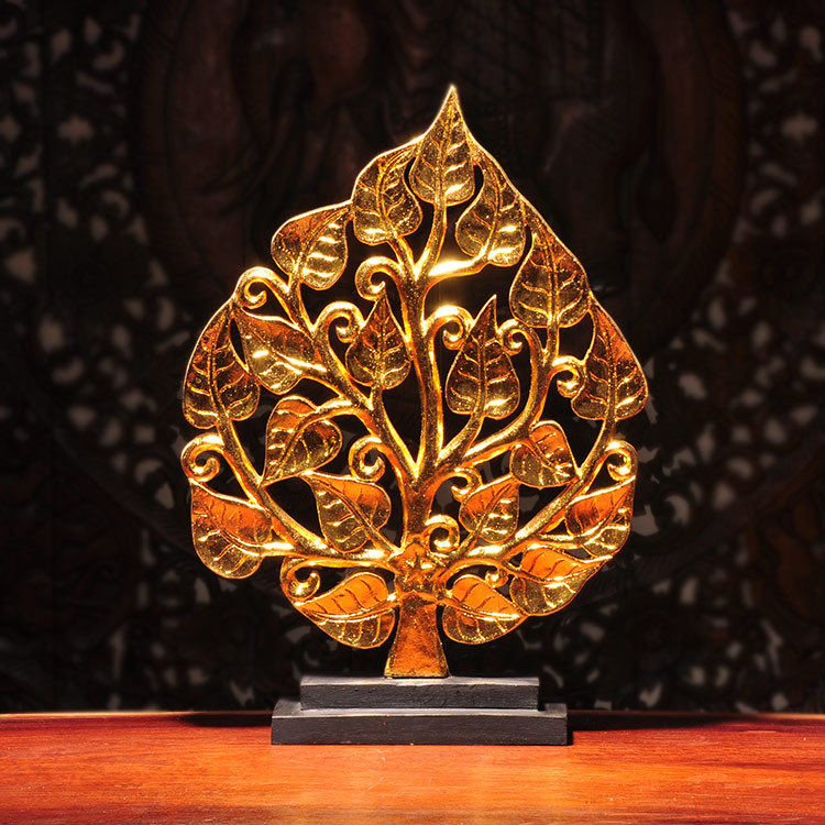 Southeast Asian handicraft solid wood gold leaf 56cm bodhi leaf decoration living room dining table decoration porch decoration