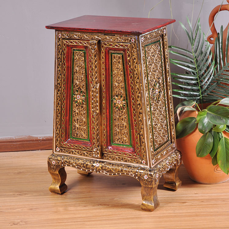 Thai craft gift pendulum decoration solid wood carved flower appliqued gold leaf Xuan guan cabinet Southeast Asian decorative bed head cabinet door hall decorated with small cabinets