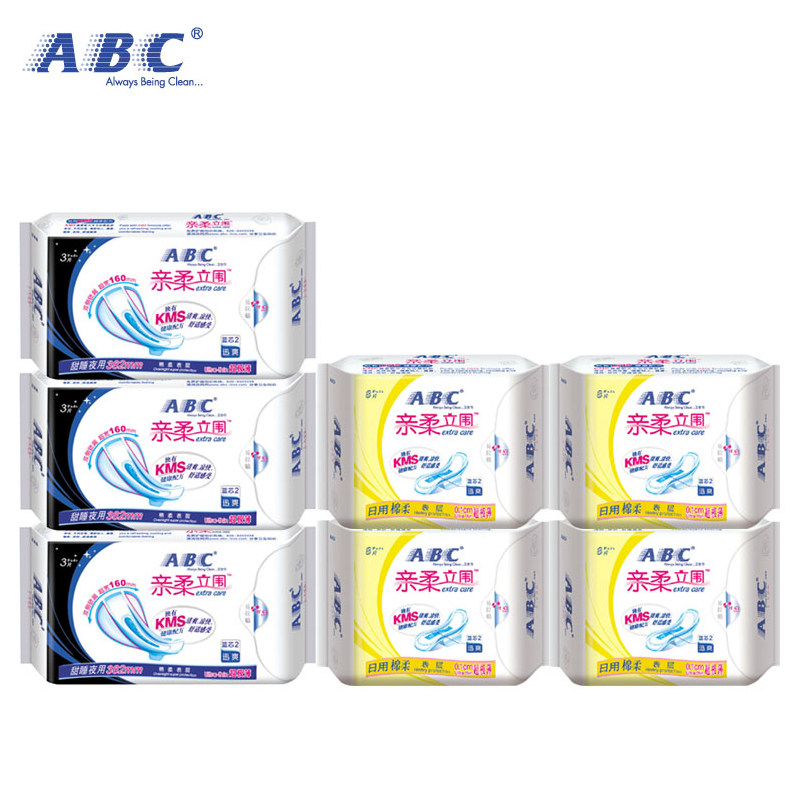 ABC立围卫生巾超长甜睡防侧漏夜用3包+超极薄日用4包组合