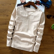 Trung quốc phong cách đàn ông của quần áo linen mùa xuân T-Shirt phong cách Trung Quốc khóa retro quần áo cotton linen phần mỏng dài tay áo màu rắn