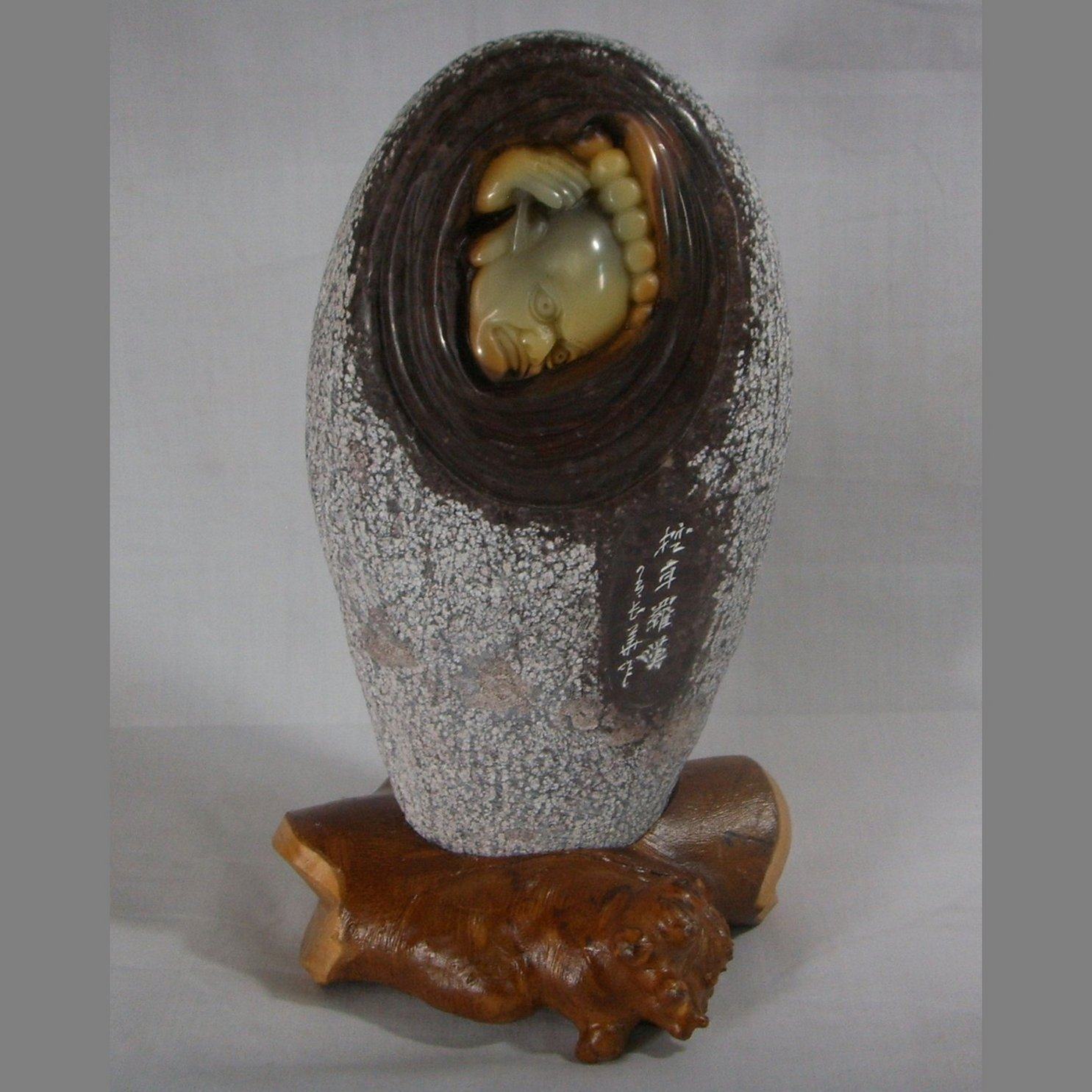 Digging Earthen Rohan Natural Green Fields Zhou Village Dragon Egg Stone Carving Pendulum with Pure Artisanal art Buddhist figure direct selling