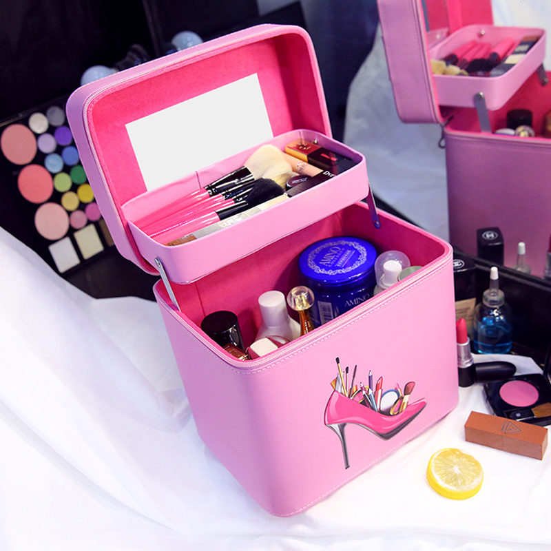 Fashion large capacity cosmetic bag Korean version large portable portable makeup box Double hard wash storage box with mirror