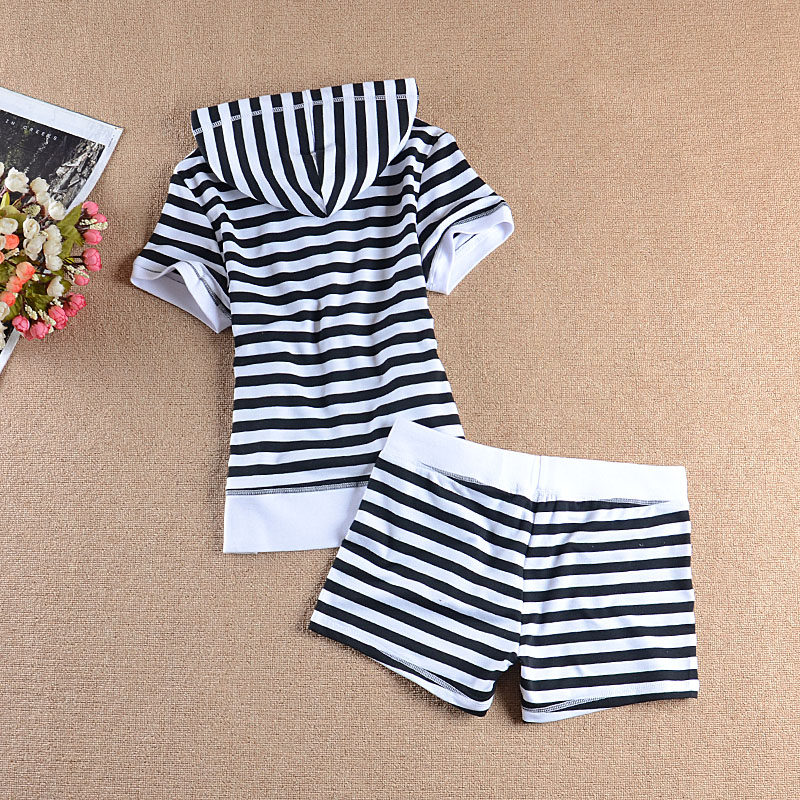 2022 summer new women's clothing black and white striped cotton short-sleeved shorts casual sports suit women's home travel clothing