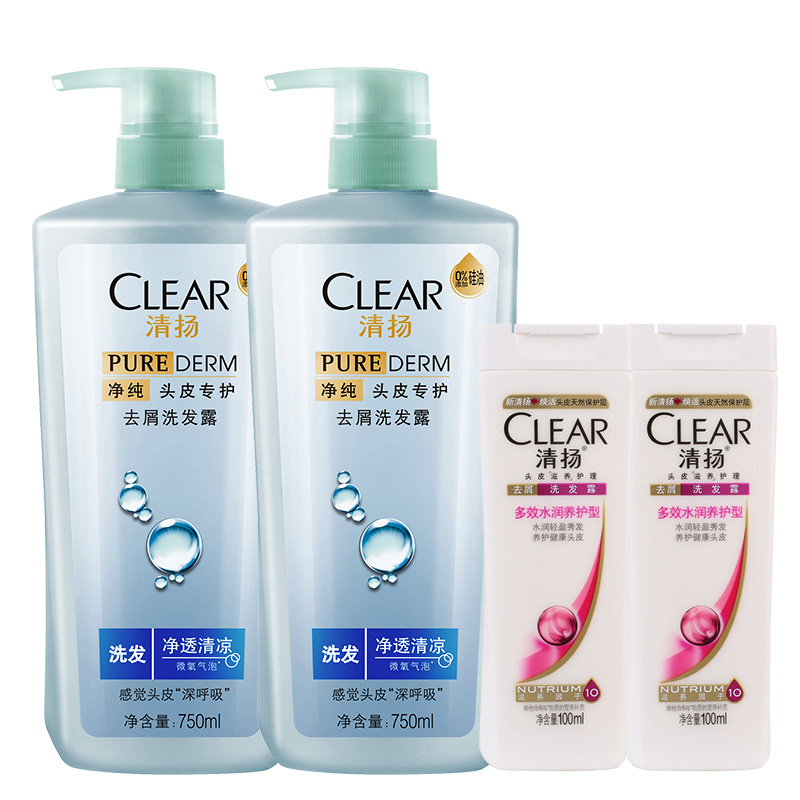【天猫超市】清扬无硅油洗发水净透清凉750ml*2送多效水润100ml*2