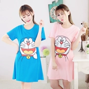 Phim hoạt hình váy ngủ nữ cotton dài mùa hè dream một giấc mơ tay áo ngắn dễ thương kích thước lớn Máy phục vụ mèo nhà