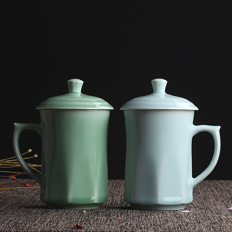 Longquan Celadon Teacup Office meeting Personal tea cup Ceramic with lid Home owner tea drinking couple cup