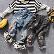 Children All-cotton Jeans Spring Autumn Boy Breaking Flowers Embroidered Patches Black Blue 2 Color Casual Long Pants