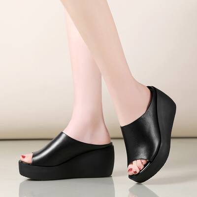 Genuine leather wedge heel slippers for women, summer flip-flops with sponge cake and thick-soled casual sandals for women, high heels and fish-mouth waterproof platform sandals