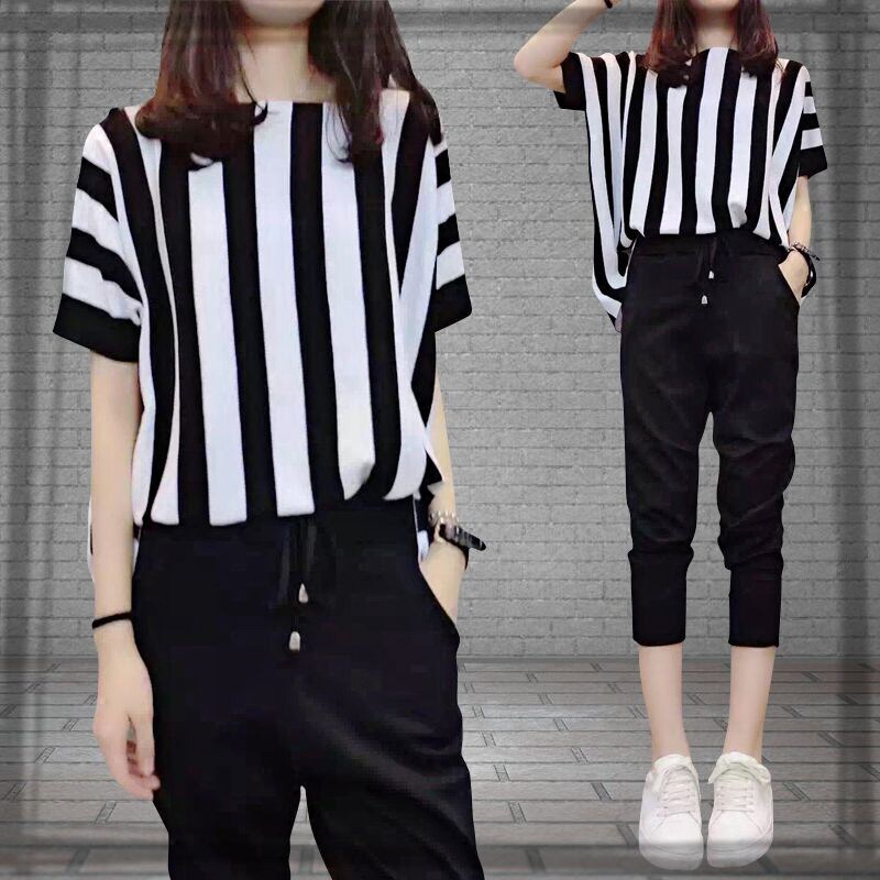 新款大码女装条纹显瘦套装特加肥加大号200斤韩版休闲宽松两件套