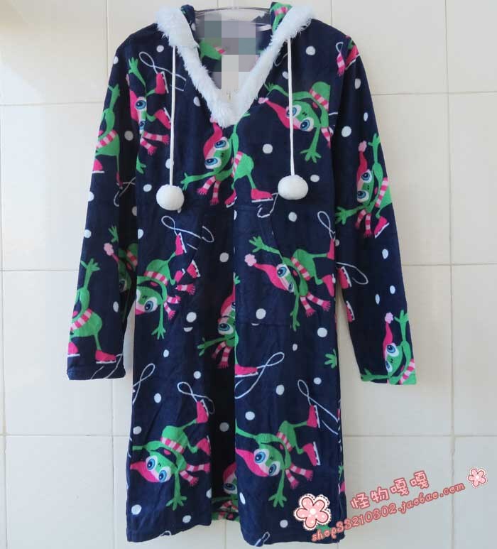 Monster Gaga~ Women's Cute Cartoon Frog Hooded Fleece Pajamas with Fur Balls