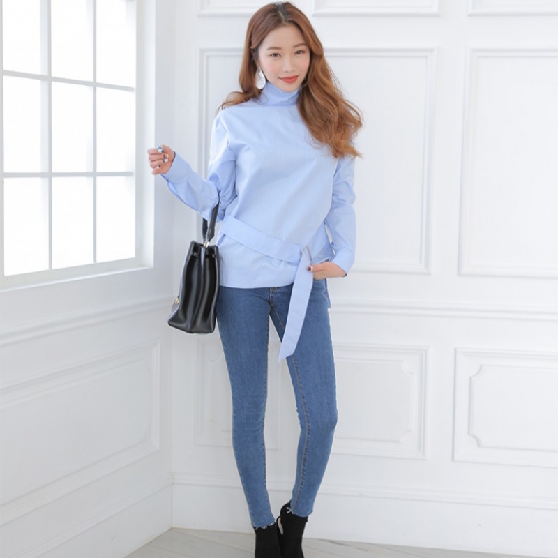 韩国stylenanda官方正品 百搭款无锁边裤脚牛仔裤-牛仔蓝色
