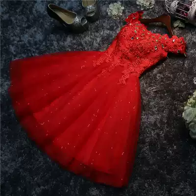 Bridal toast dress short version wedding dress one shoulder red thin engagement evening dress new 2021 temperament small short skirt
