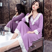 Mùa xuân và mùa thu kích thước lớn gợi cảm V-cổ cotton dài váy ngủ nữ dài tay ren công chúa đồ ngủ váy dài