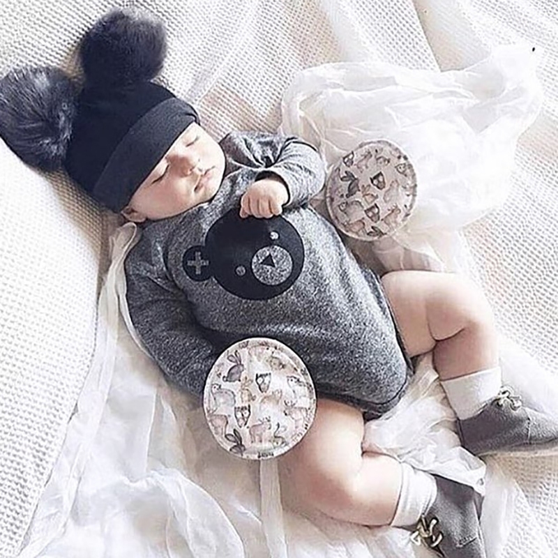 ins Black Bear Head Baby Connected Clothes Spring and Autumn Baby Pure Cotton Triangle long sleeved hajamas newborn climb suit